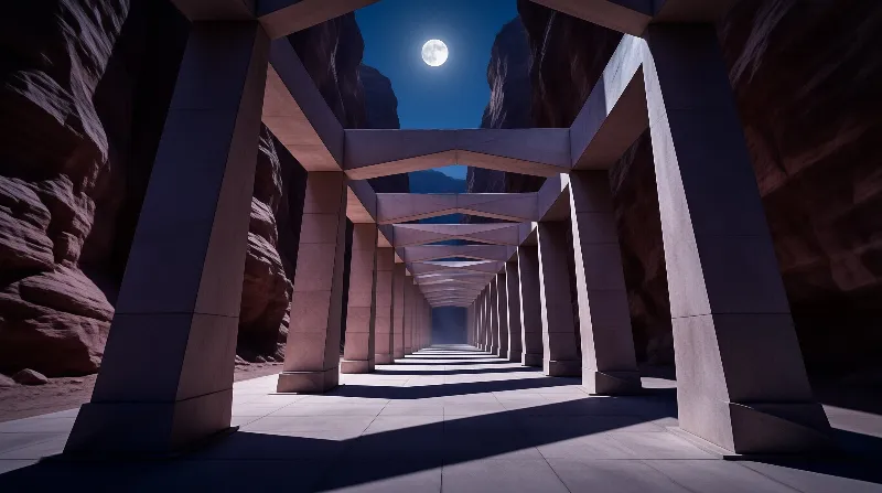 A long corridor of rectangular frames stretches through a rocky gorge at night with a bright full moon shining overhead.