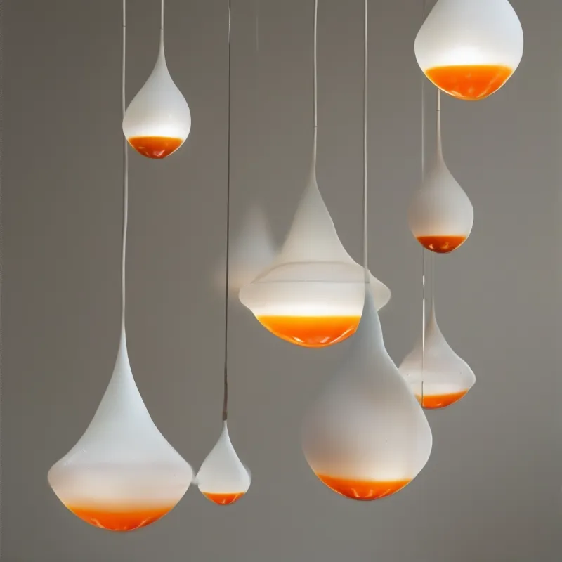 Several white droplet shaped lamps hang at different heights with warm orange illumination at their bases.