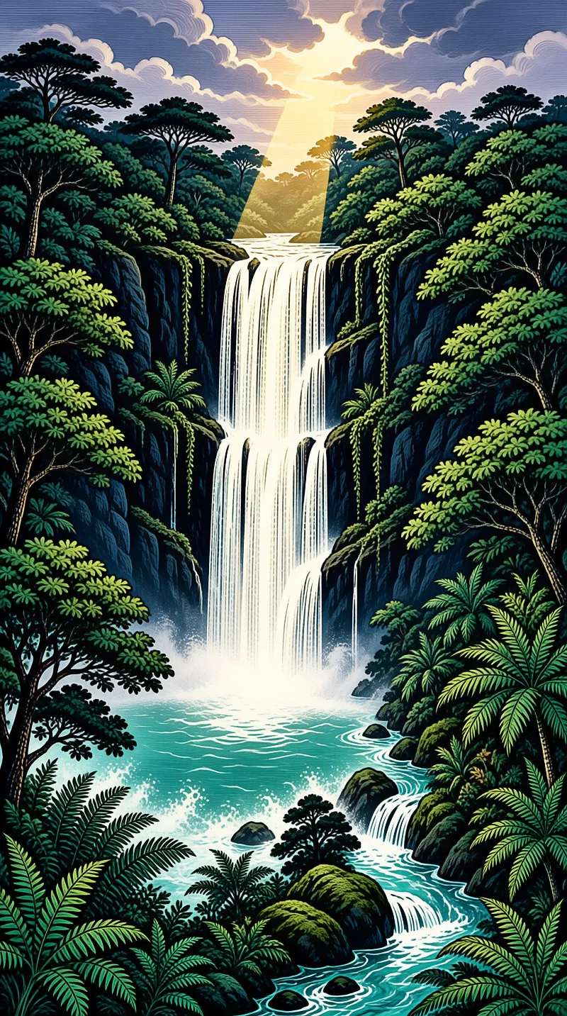 A tall waterfall drops between steep cliffs of dense green jungle into a bright turquoise pool below sunlit clouds.
