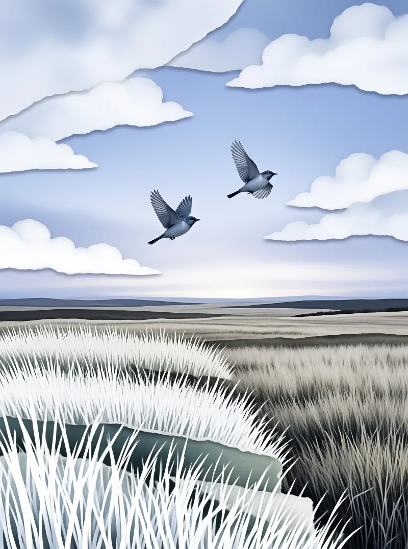 Two pale blue birds fly across a pastel blue sky above soft layered papercut style rolling grassland and cloud formations.