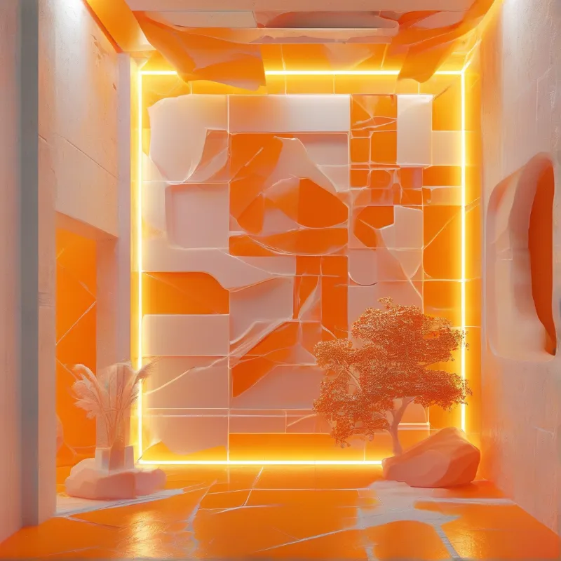 A rectangular band of amber light outlines a faceted relief wall, with a small tree and dried grasses below.
