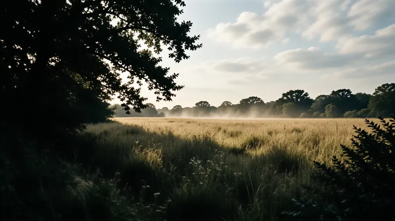 Soft mist drifts over a field of tall golden grass as warm light touches the distant trees.