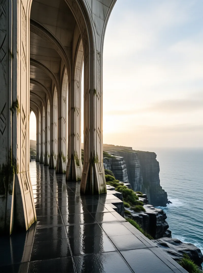 A long wet stone arcade runs along a steep cliff overlooking the ocean during a soft golden sunrise.
