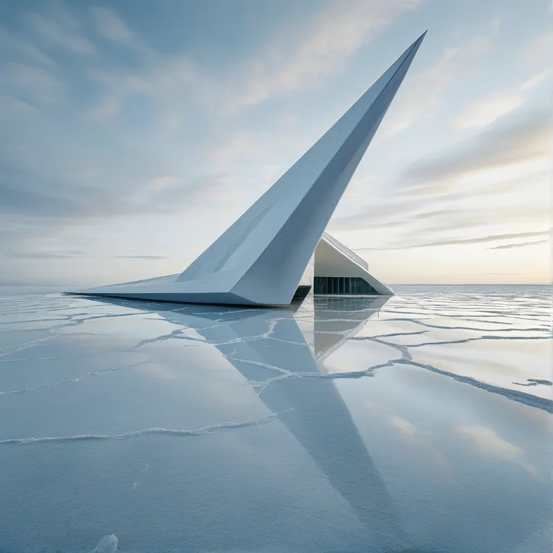 A sharp white sail-shaped building rises from a mirror of shallow water on a vast salt flat
