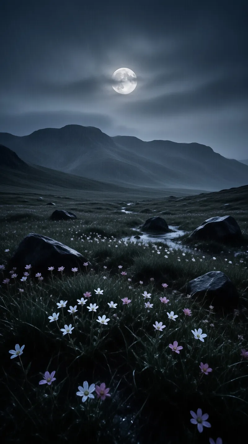 Pink and white flowers bloom in a dark grassy valley beneath a full moon shining through clouds.