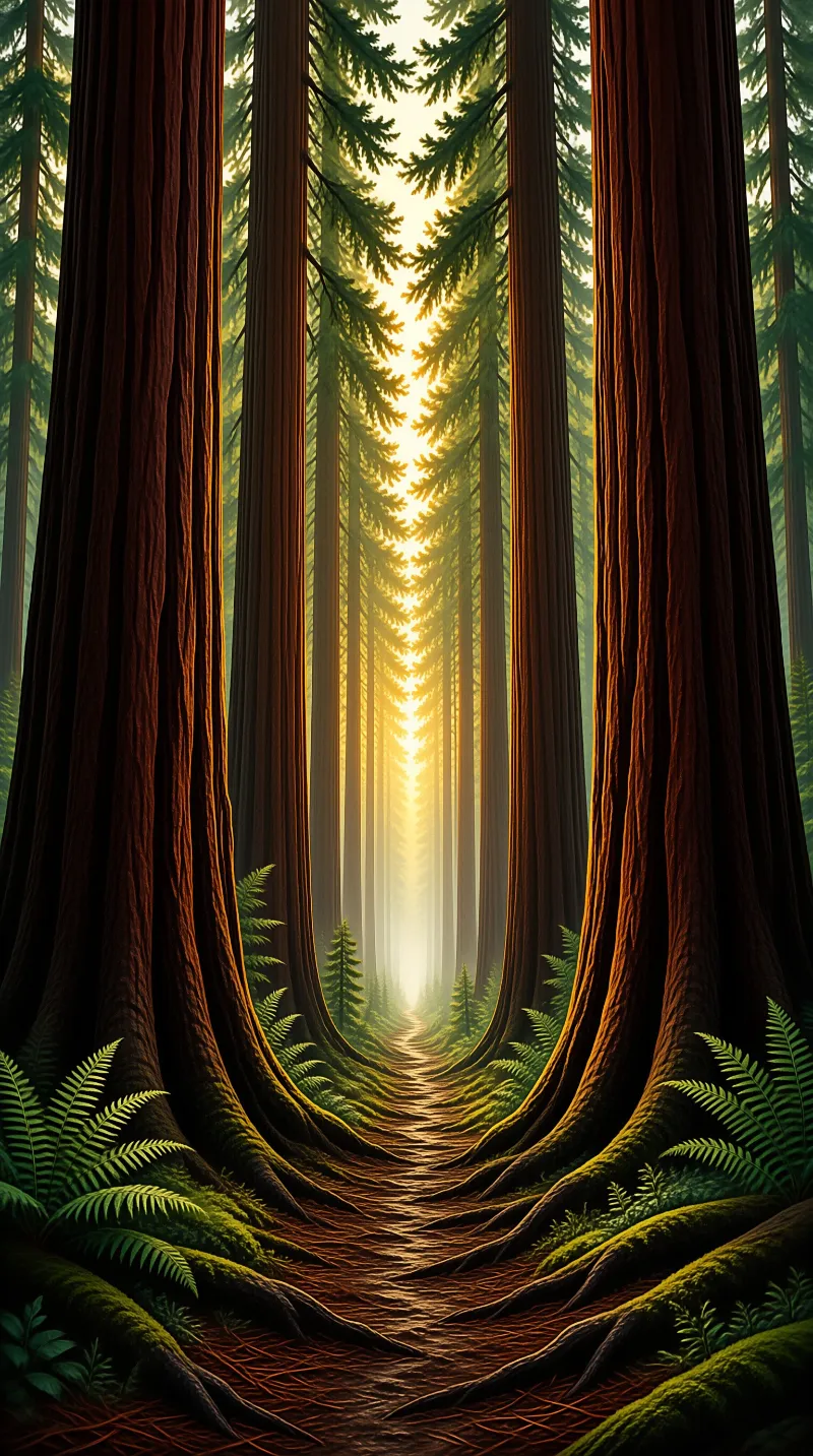 Towering redwood trunks line a straight dirt trail leading into a glowing golden forest clearing surrounded by lush ferns.
