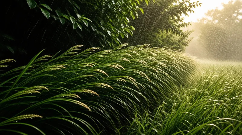 Green rice stalks bend sideways while rain streaks through bright sunlight lighting the field against foliage.
