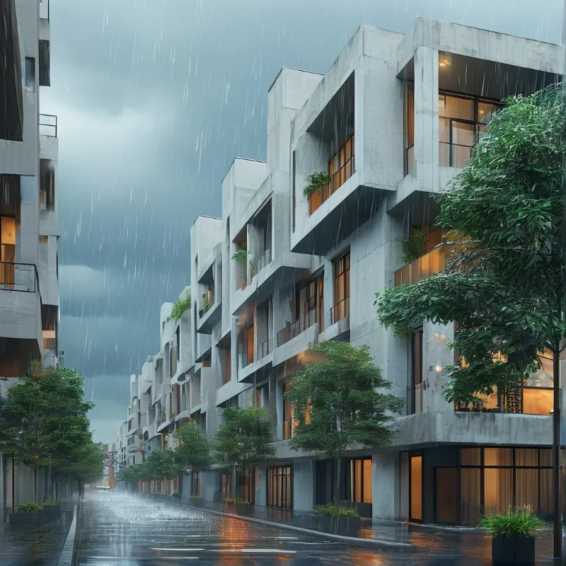White multi-story residential buildings stand along a wet rain-soaked road, their windows lit with warm yellow light against the overcast grey stormy sky.