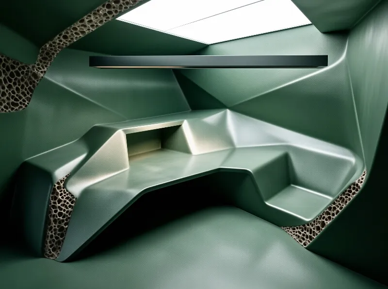 A molded teal interior with an inset bench seat shows exposed honeycomb along its faceted wall edges, lit from a skylight.