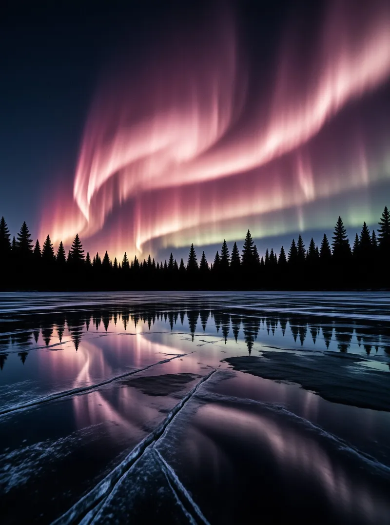 Magenta and green aurora bands ripple over a dark conifer treeline and mirror across cracked lake ice.