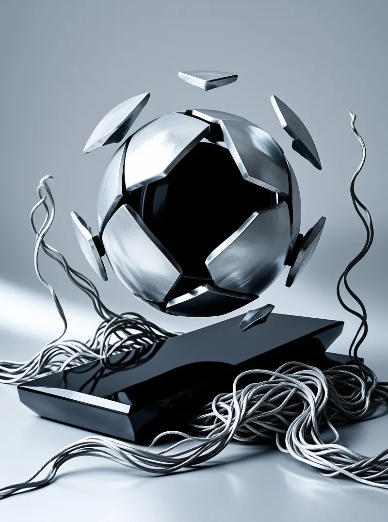 Polished metal panels burst apart from a dark sphere amid tangled silver cables on a grey studio floor.