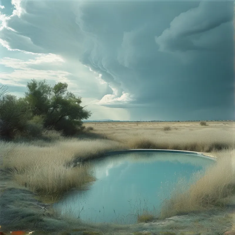 A small pond sits in a grassy field near trees while dark clouds gather overhead casting shadows.