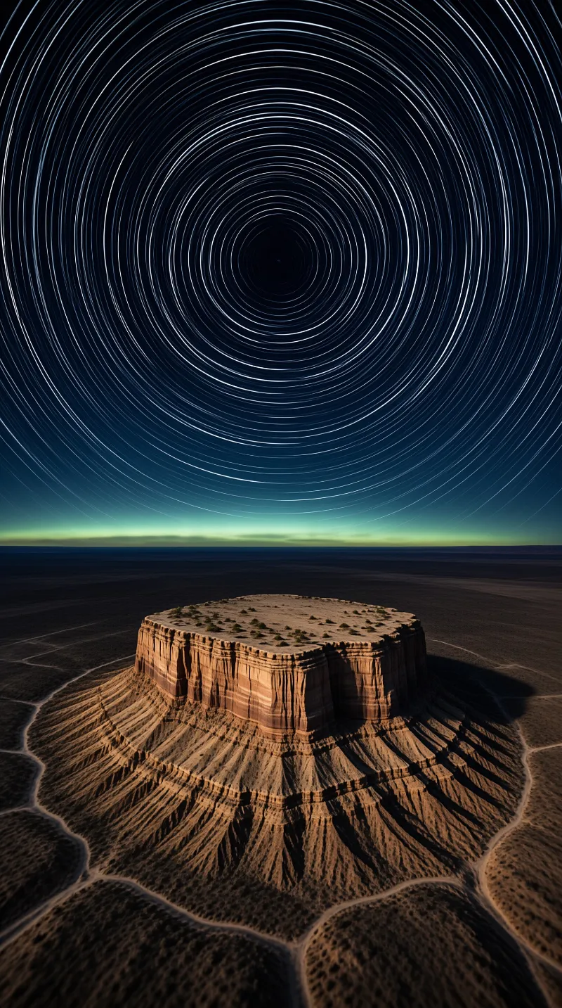 Concentric star trails wheel above a lone flat topped mesa while a pale green glow rims the horizon.