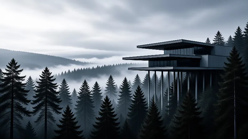 Flat dark roofs on slender columns float above a sea of fog filled evergreens under grey cloud.