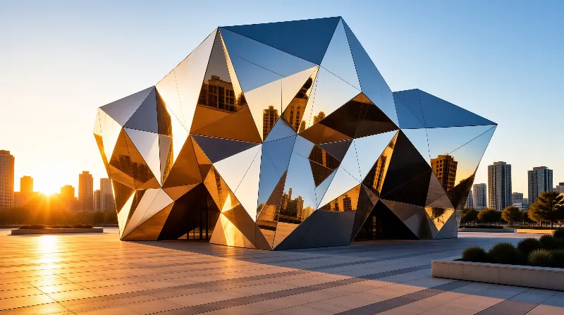 A faceted glass building reflects the city skyline in a wide paved plaza during golden hour lighting.