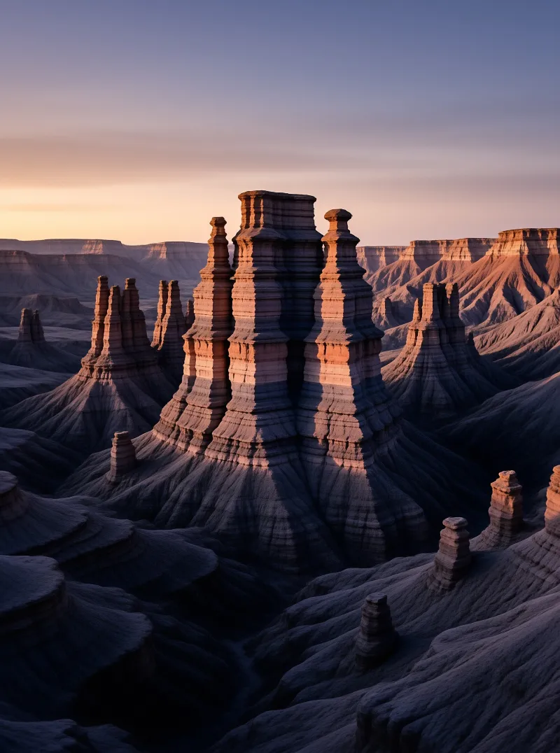 Towering banded spires stand in a badlands, lit by warm orange sun with deep purple shadows.