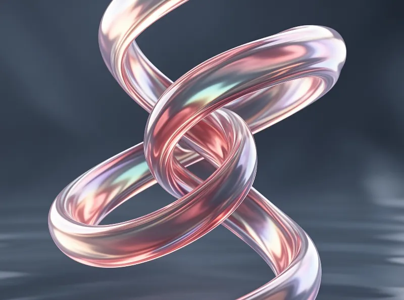 A twisted metallic ribbon reflects pink and silver light above a blurred dark grey background.