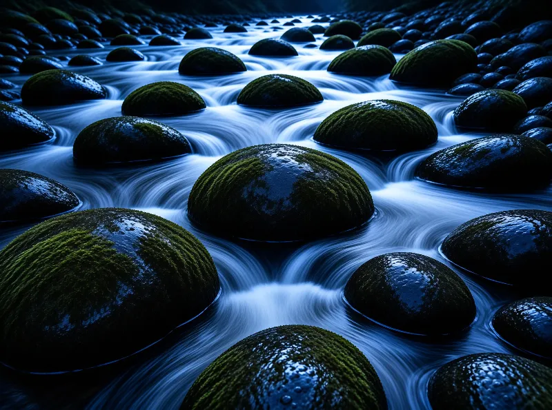 Rounded stones capped with green moss sit in fast water that has been smoothed into pale silk between them.