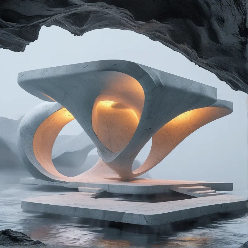 White curved building emits warm orange light from interior while resting on platform near water beneath dark rocky arch.
