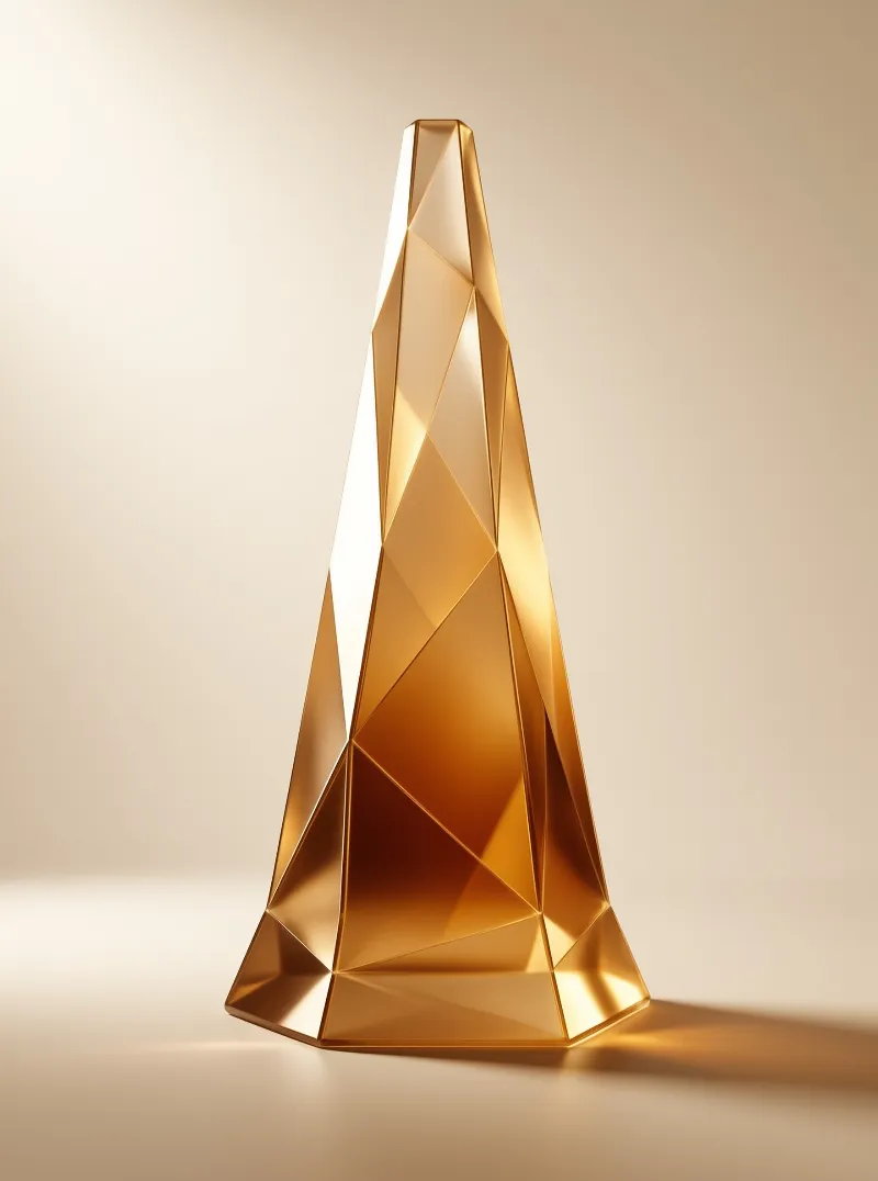 A tall sharp-edged golden object stands vertically against a seamless pale studio background under bright illumination.