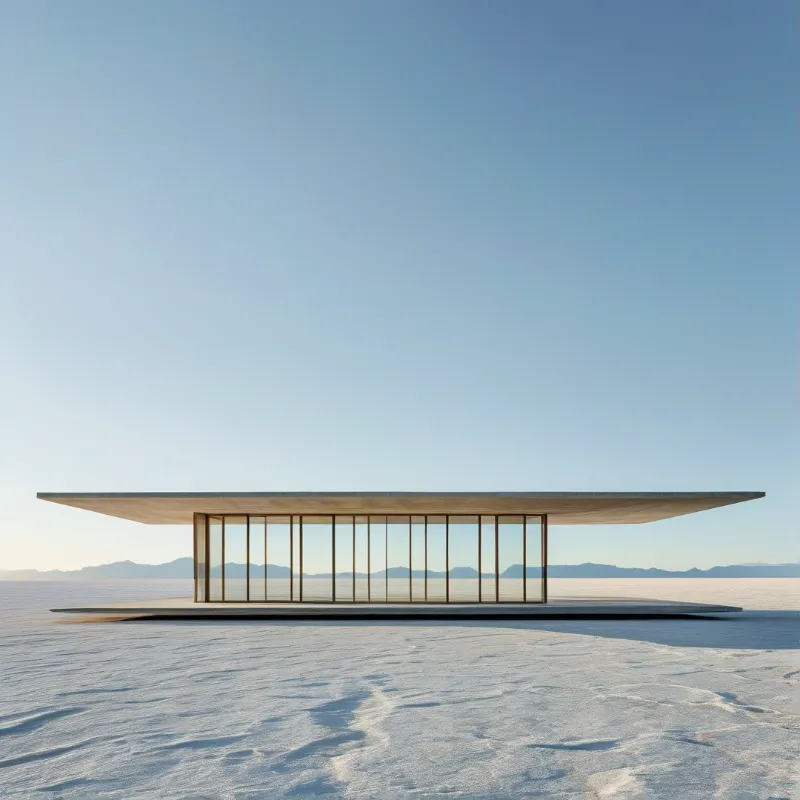 A minimalist glass pavilion sits on a white salt flat with mountains in the distance.