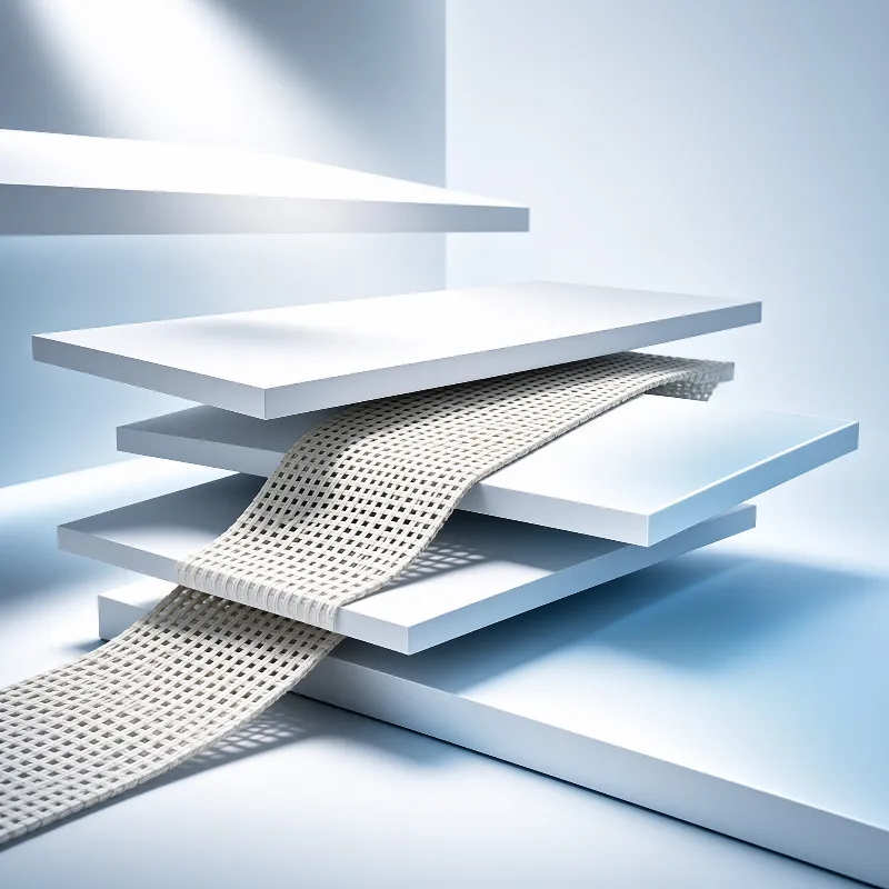 Smooth white panels intersect a braided textile band, floating in a pale studio space with soft shadows.