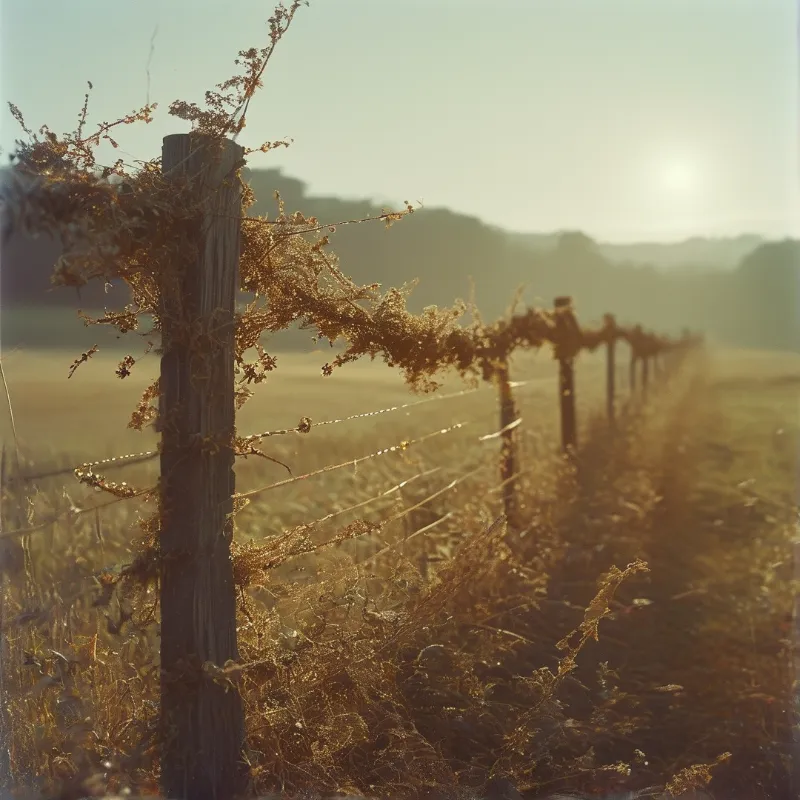 A weathered wooden fence draped with dried vines stretches across a field under the soft glow of the setting sun.