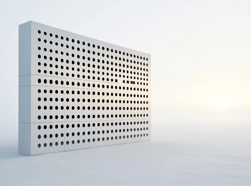 A white perforated partition with evenly spaced round holes stands in a bright minimalist empty interior space.