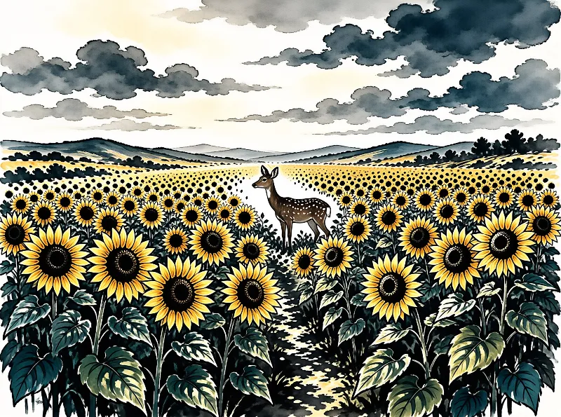 A spotted deer stands among tall yellow sunflowers beneath heavy grey storm clouds in a watercolor landscape painting.