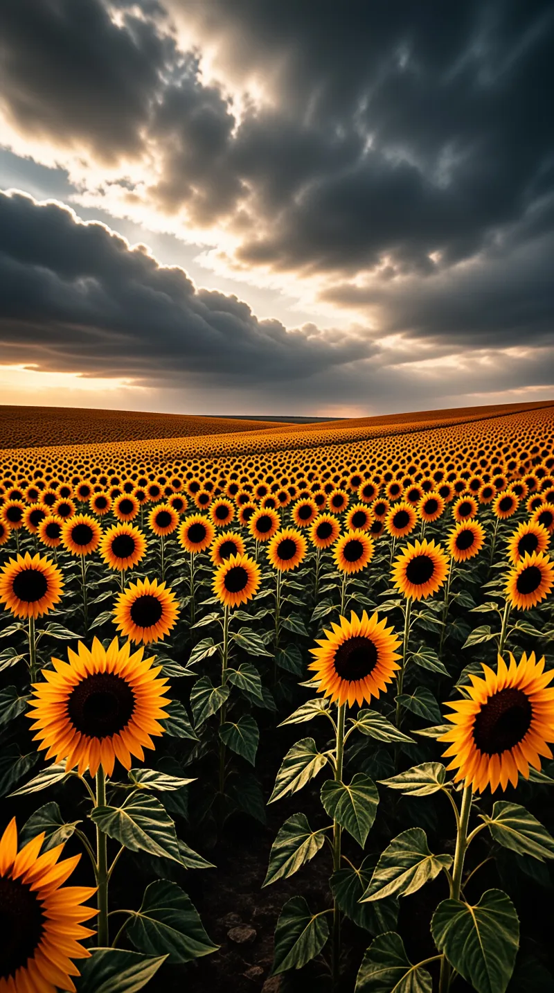 Vast sunflower field stretching under dark storm clouds with golden sunlight breaking through the horizon.