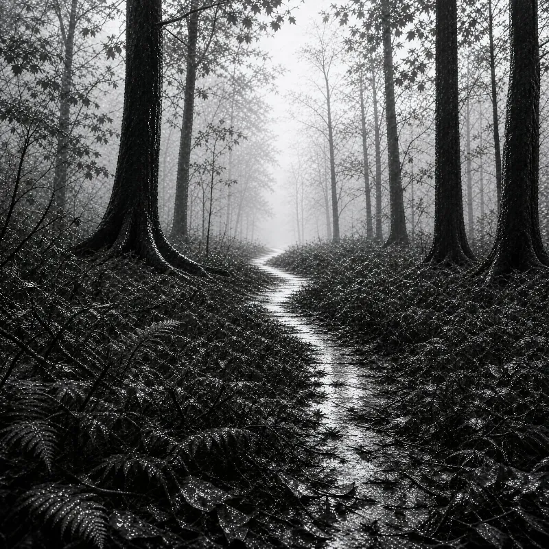 A narrow forest path winding through misty woods with wet undergrowth and tall trees, captured in black and white