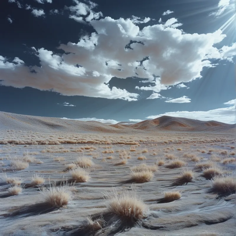 Radiant sun rays break through heavy clouds above a windswept plain dotted with clumps of pale grass.