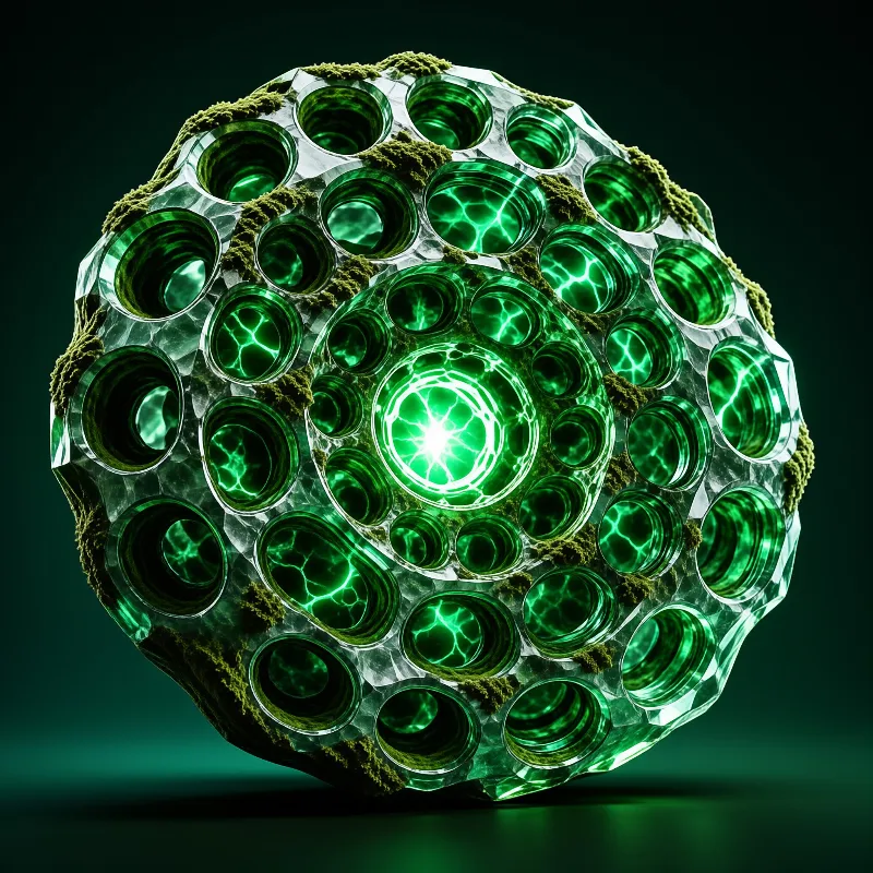 A dark crystalline sphere containing numerous glowing green circular cavities arranged around a bright central nucleus