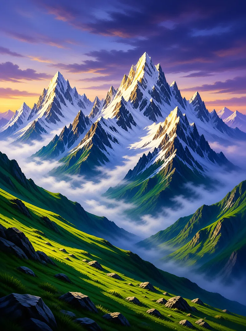 Snowy summits rise above misty valleys and grassy slopes lit by golden sunlight against a twilight sky.