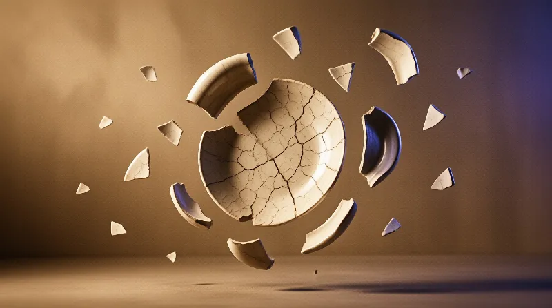 Fragments of a cracked white ceramic bowl explode against a blurred brown backdrop.