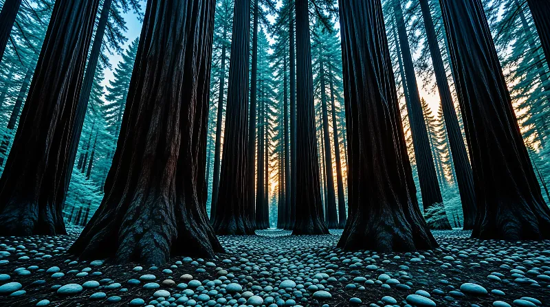 Towering dark tree trunks rise from a pebble-covered ground toward a golden sunlit center under a cool blue forest atmosphere