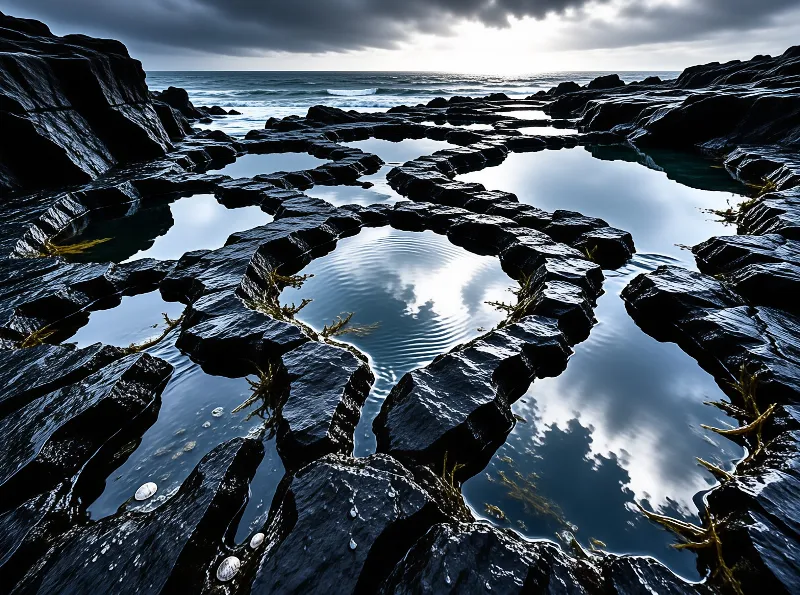 Geometric pools between black coastal rocks hold still water that reflects bright clouds and the open sea.