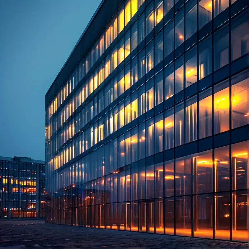 Modern Glass Office at Dusk
