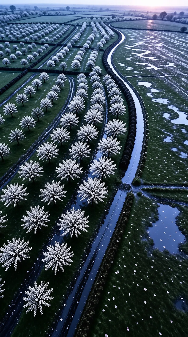 High angle view of blooming orchard rows beside a stream with frost covering the grass