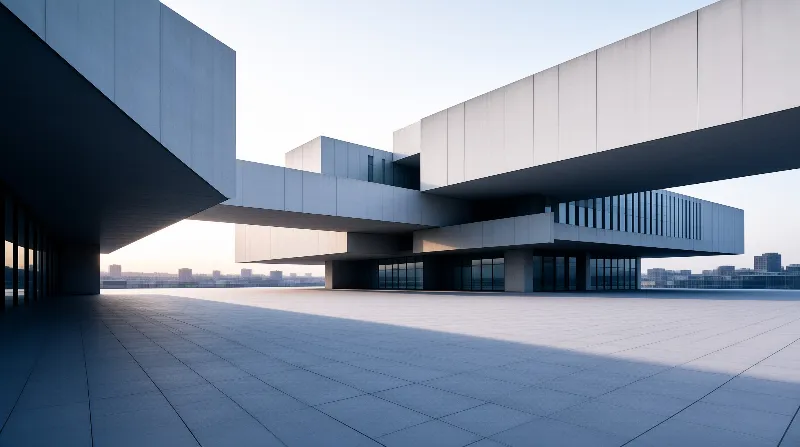 Minimalist concrete architecture with cantilevered sections sits on an open tiled plaza lit by soft cool dawn light.