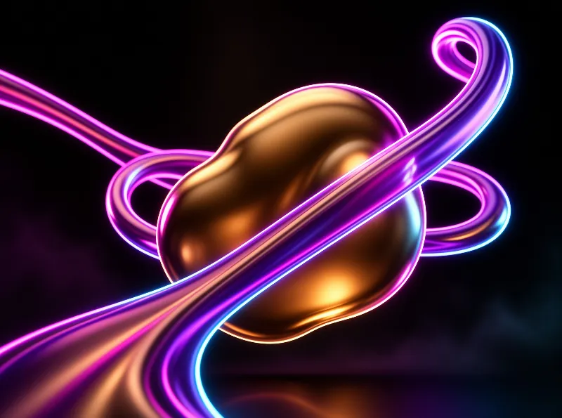 Glowing magenta and cyan light trails wrap a smooth gold blob against a deep black canvas.