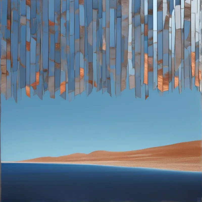 A fringe of tattered blue and orange fabric hangs above a calm lake and sandy dunes under a clear sky.