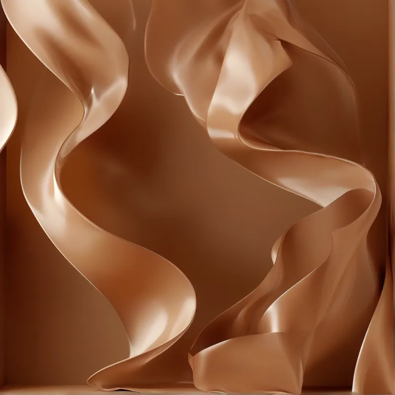 Wide undulating sheets of glossy fabric ripple against a bronze wall, their edges catching soft highlights.