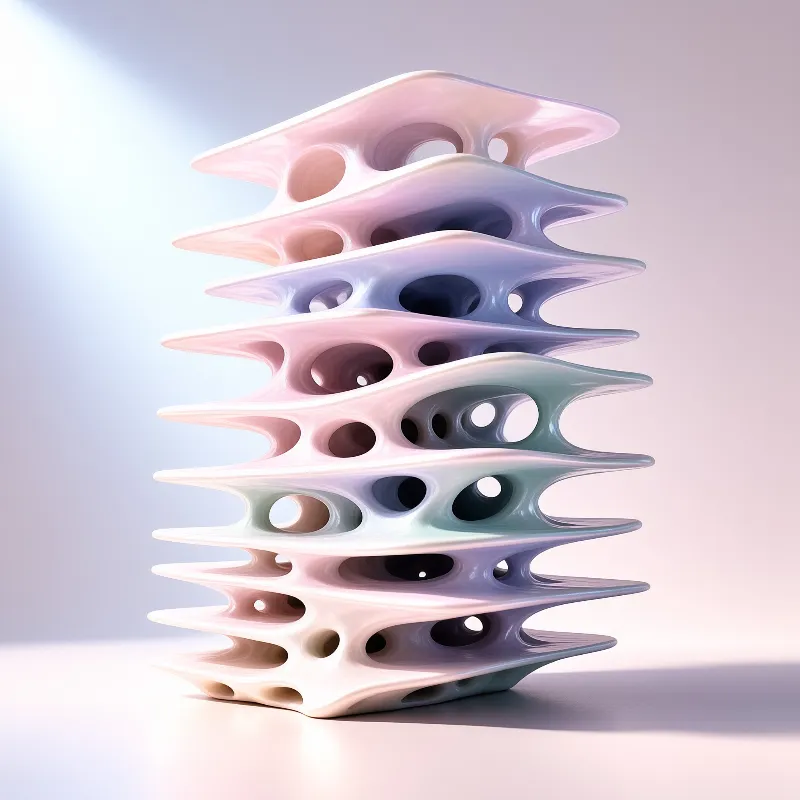 A tower of soft pink, lilac and mint slabs with rounded holes leans gently against a pale gradient background.