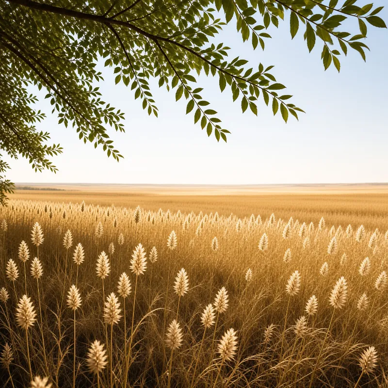 Tall fluffy grasses fill a vast field glowing in warm light, framed by green leaves hanging from the top left corner.