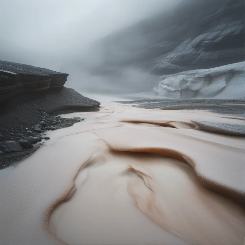 A milky silty glacial stream winds between dark rocky cliffs, soft fog obscuring distant rugged peaks in cool muted light.