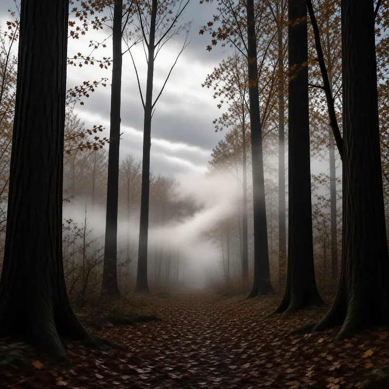 A dark wooded trail covered in brown leaves leads into fog while beams of light shine between the tall trees.