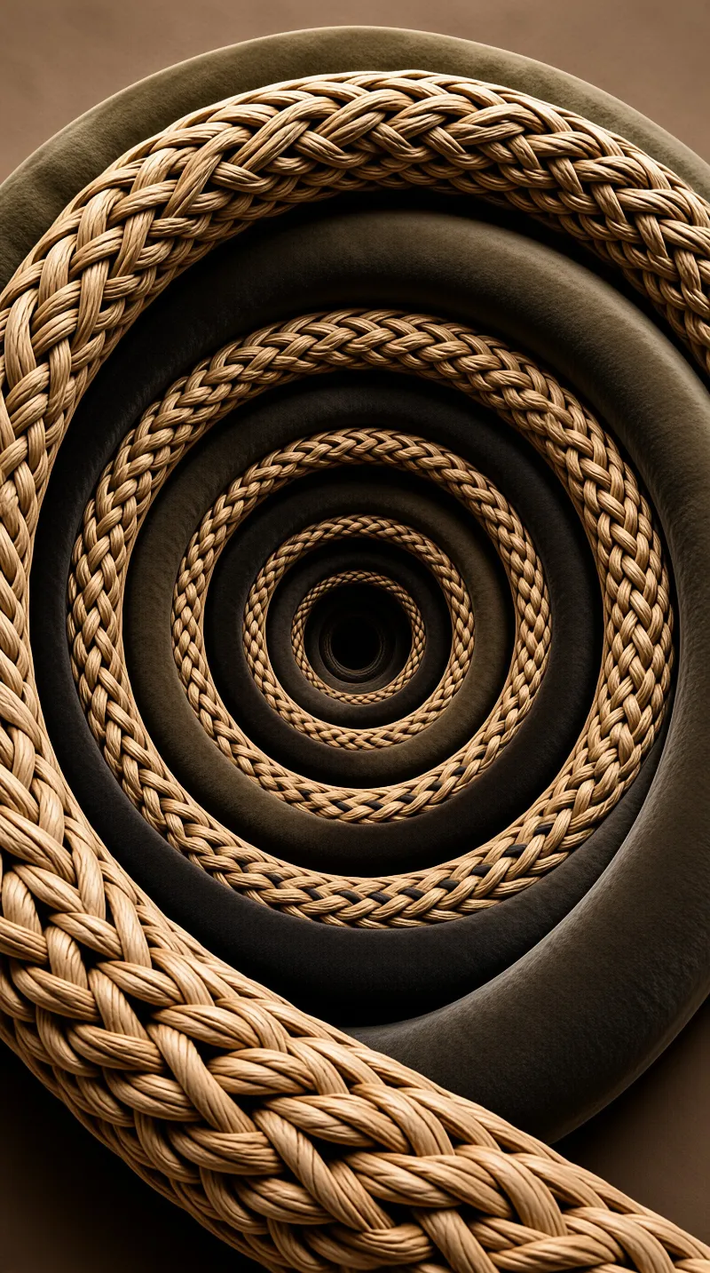 A natural fiber rope with a three strand braid winds into concentric circles on a smooth dark surface.