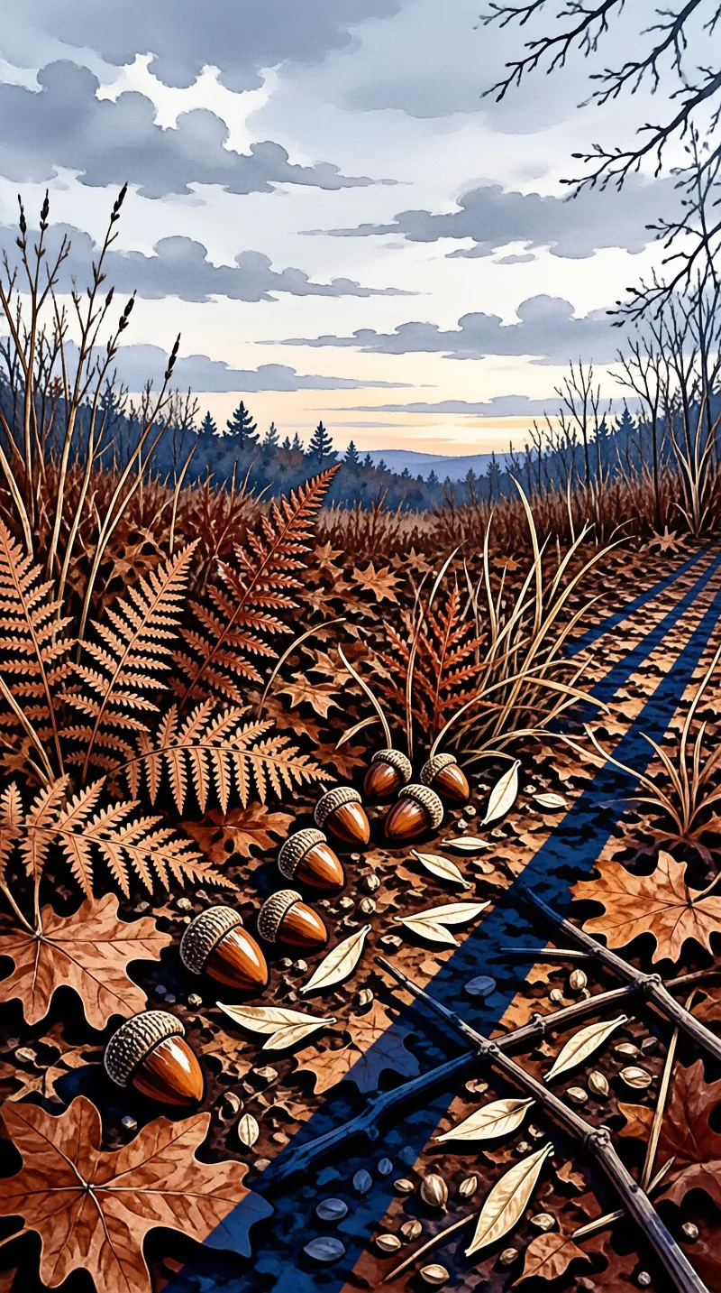A row of brown acorns rests on the ground near dry ferns and fallen leaves under a cloudy sky.