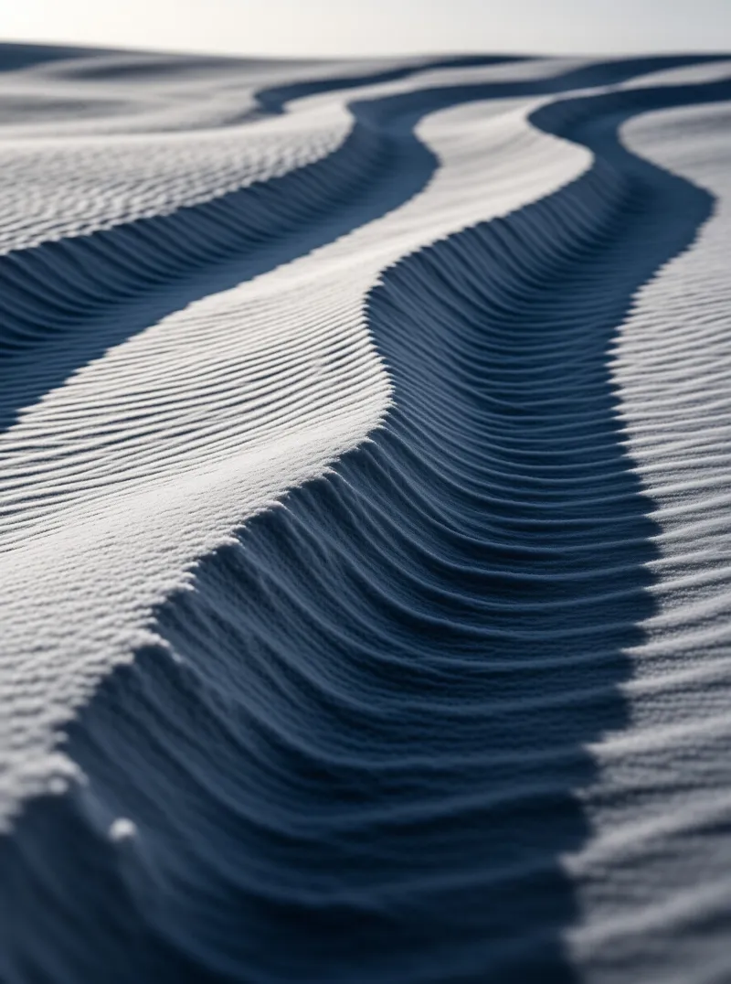 Undulating sand patterns create a rhythmic texture with deep blue shadows and bright white highlights.